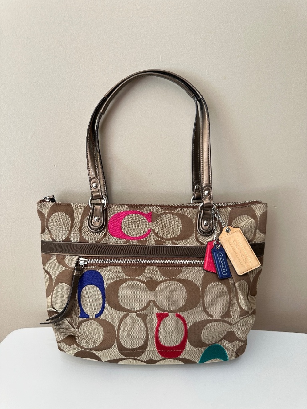 Vintage Coach Poppy Metallic Outline Signature C Glam Tote Bag Multicolor Y2K